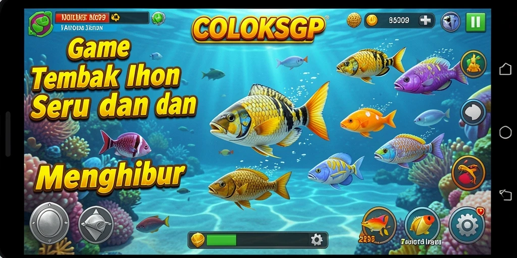 Tampilan gameplay COLOKSGP saat menembak ikan berwarna-warni.
